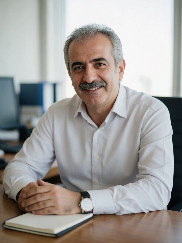 Tamer Işıklı masasında, gülümsüyor